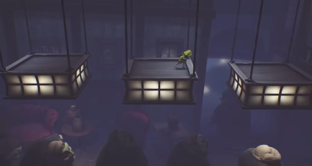 Six from Little Nightmares crouches on hanging lantern platform