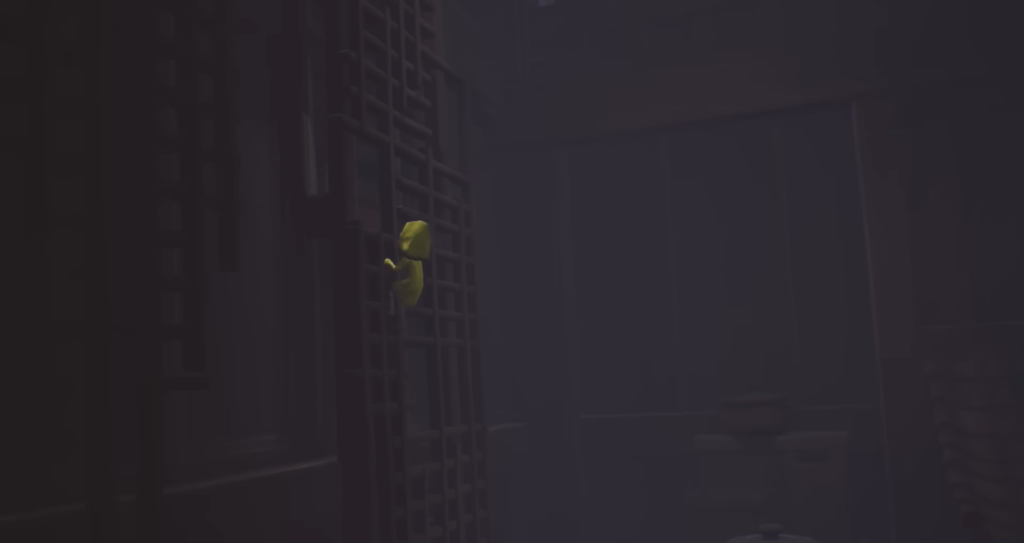 Six in yellow raincoat climbs metal ladder indoors