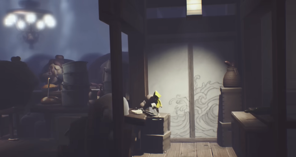 Six from Little Nightmares II climbs boxes indoors