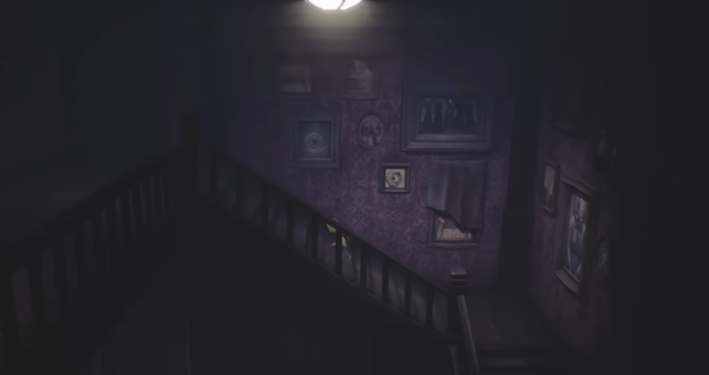 Six from Little Nightmares walking along dark hallway railing