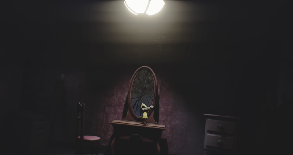Six from Little Nightmares standing on vanity mirror shelf