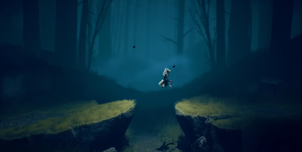 Six from Little Nightmares II jumping over forest gap