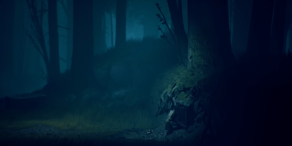 Tree roots surround small cage in dark forest