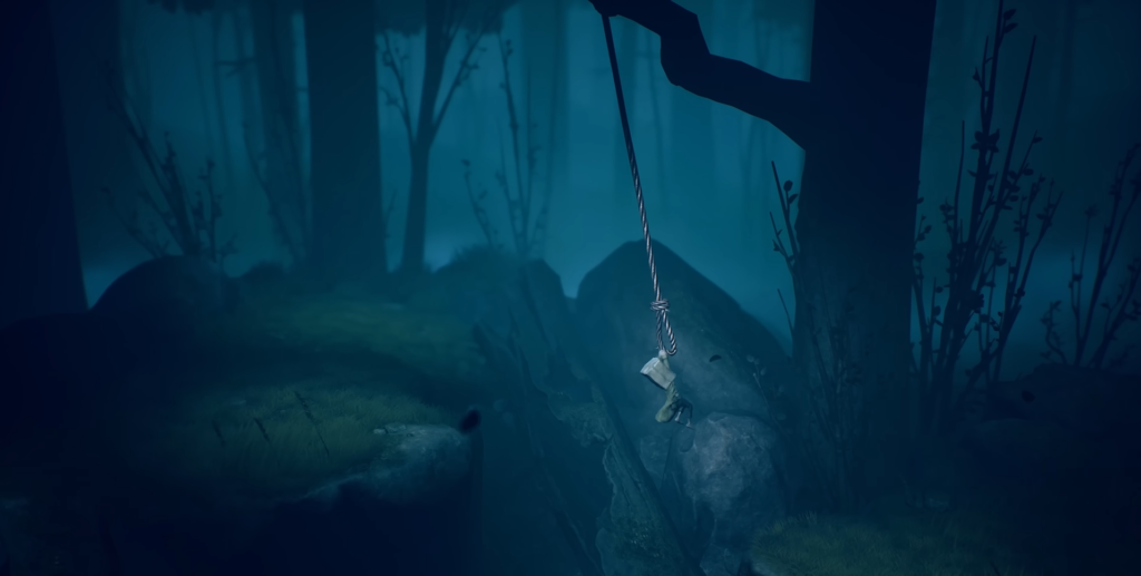 Six from Little Nightmares hanging from rope in forest