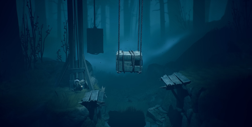 Wooden crate hanging by ropes in blue forest