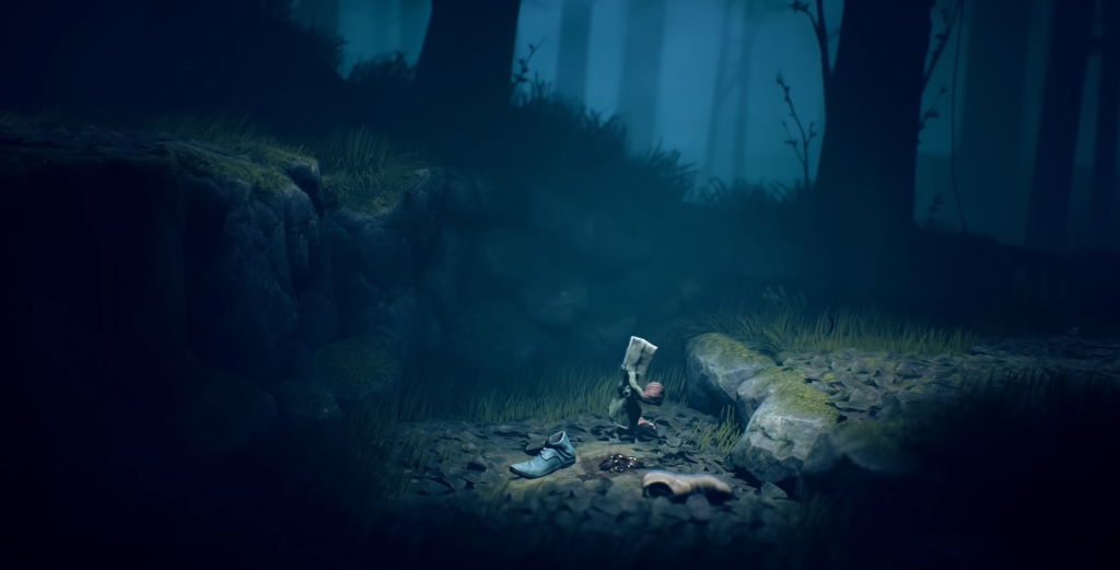 Six from Little Nightmares walking in dark forest