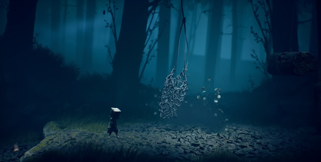 Six from Little Nightmares II walks in dark forest