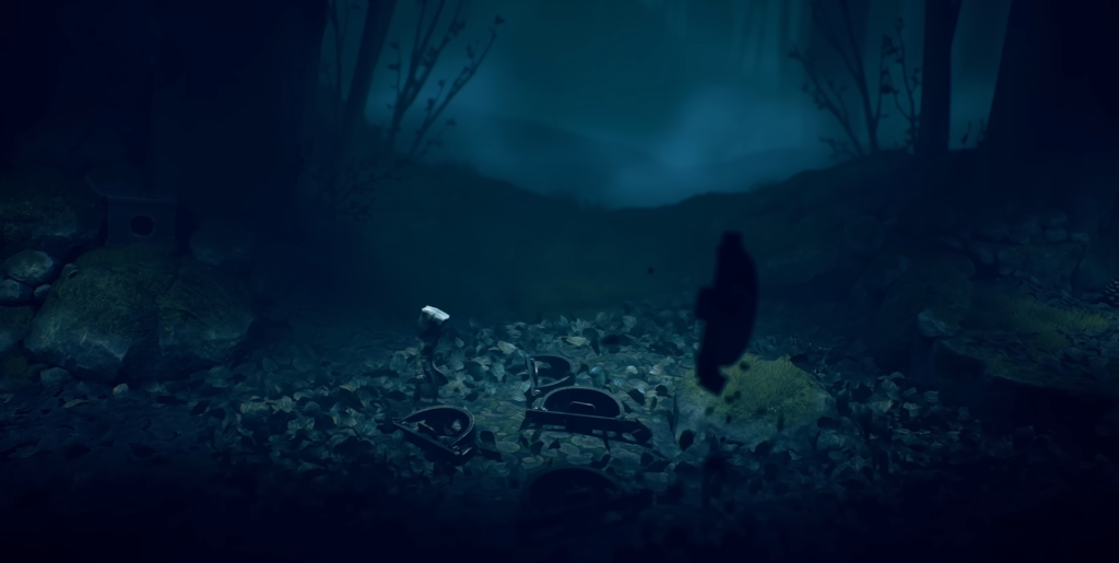 Small figure walks through dark blue forest clearing