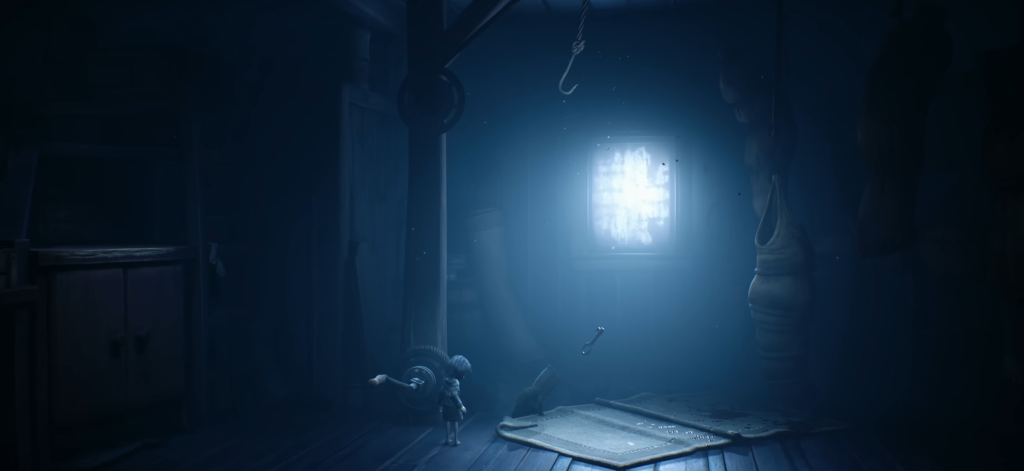 Small figure walks in dark blue room near window