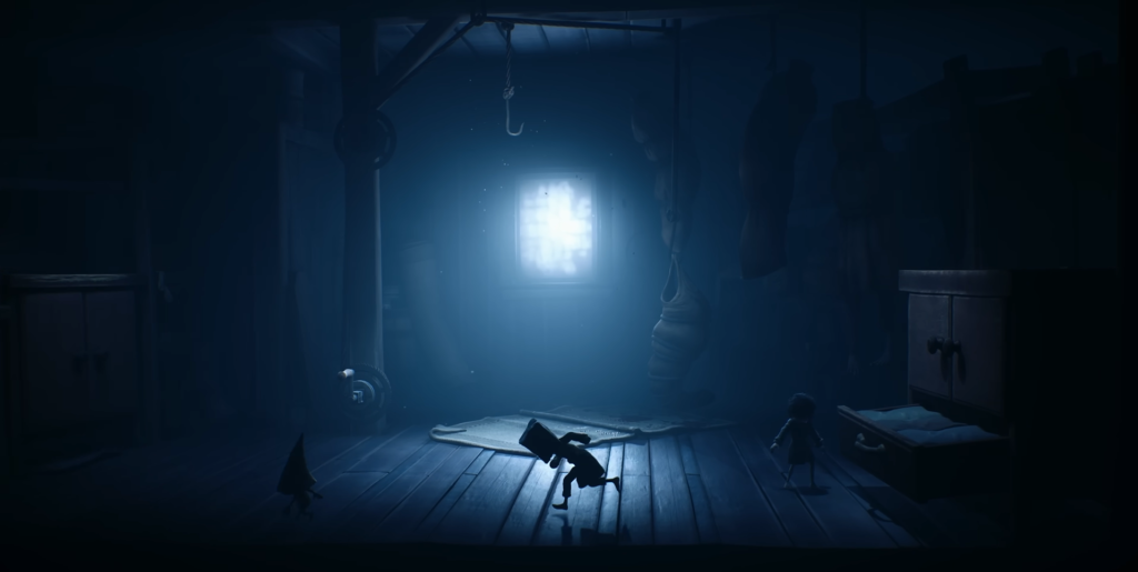 Little Nightmares characters run in dark blue room