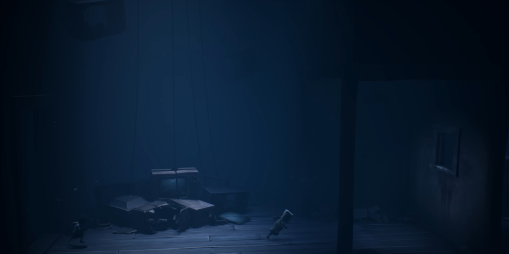 Small figure runs across dark blue room floor