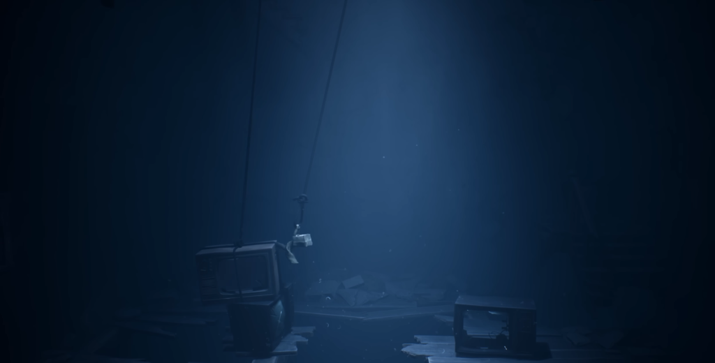 Person hanging from cable above flooded room with TVs