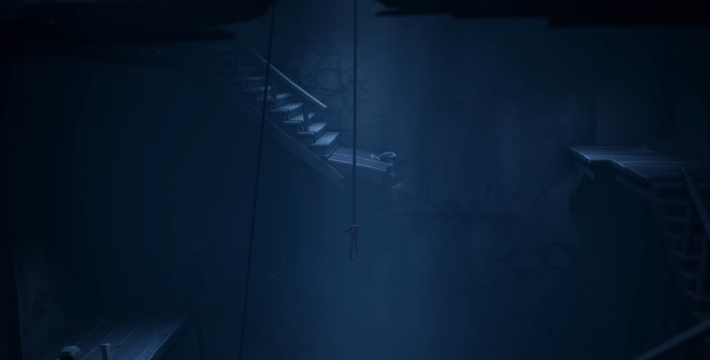 Small figure climbs stairs in dark blue room