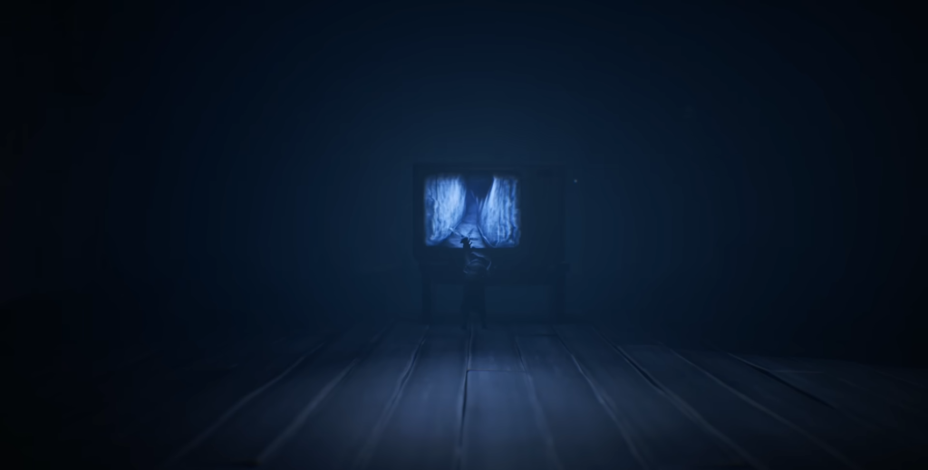 Small figure reaching toward glowing window in dark room