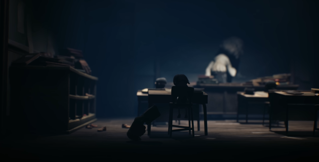 Little Nightmares II Mono and Six hide in classroom