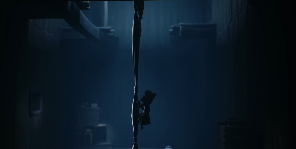 Six from Little Nightmares climbing rope in dark room