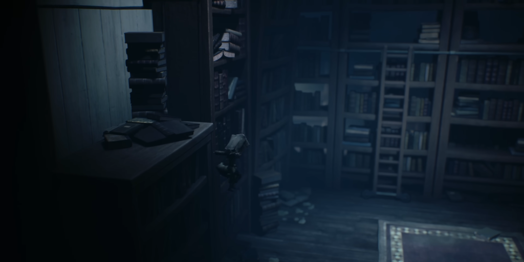 Small figure climbs bookshelf in dark library room