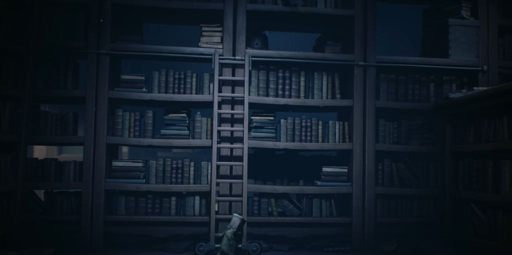 Small hooded figure climbs ladder in dark library