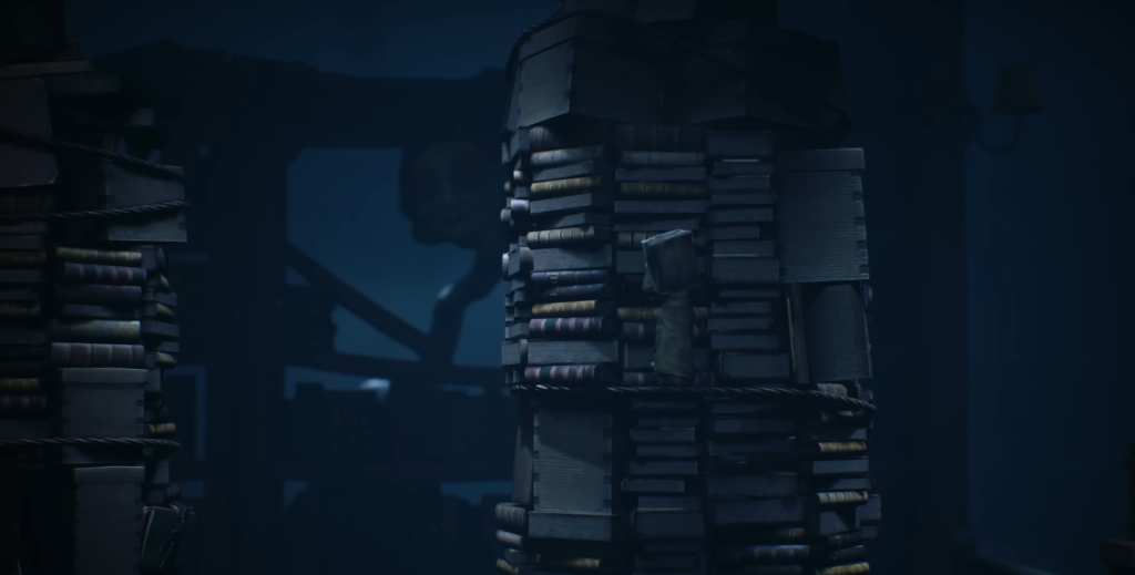 Small figure climbs stacked books in dark room