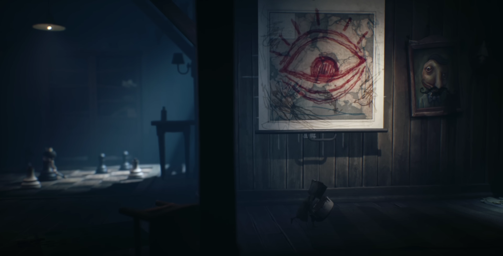 Small figure walks past eye drawing in dark room