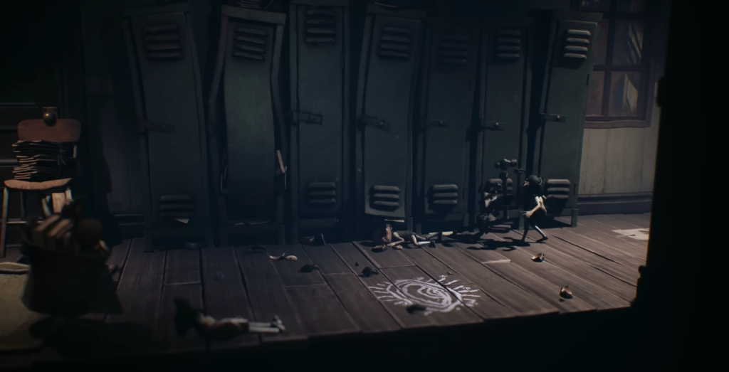 Small figure running past lockers on wooden floor