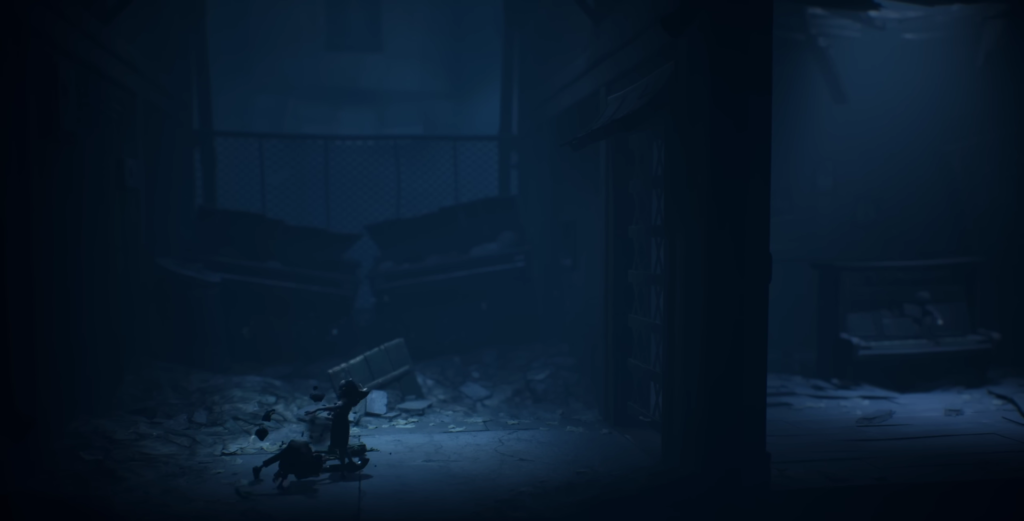 Small figure drags body through dark blue alley