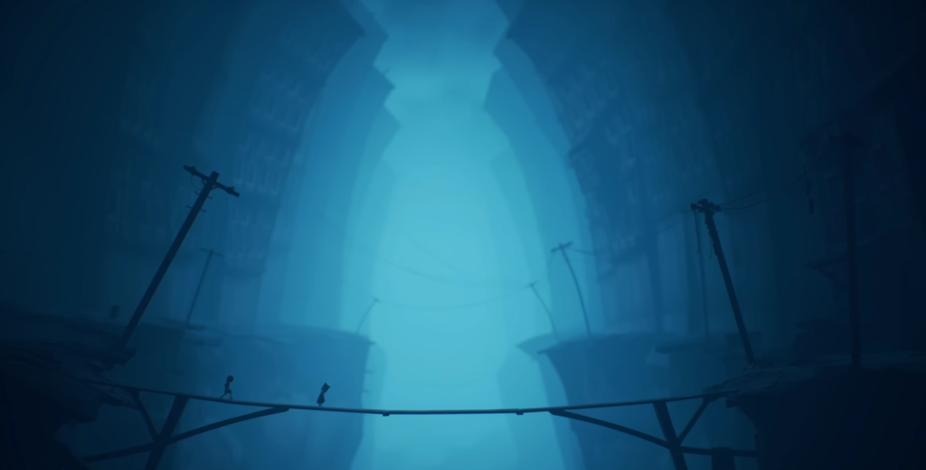 Two silhouettes walking on bridge in blue foggy city