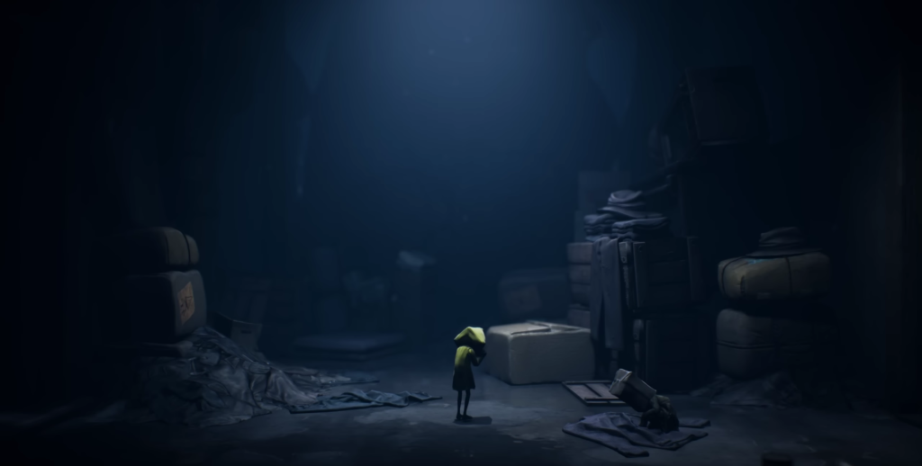 Six from Little Nightmares standing in dark storage room