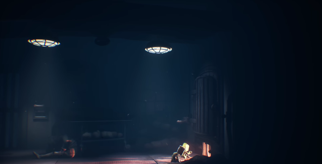 Little Nightmares character holding lighter in dark room