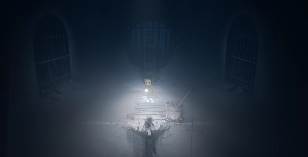 Little Nightmares character holds flashlight in dark sewer