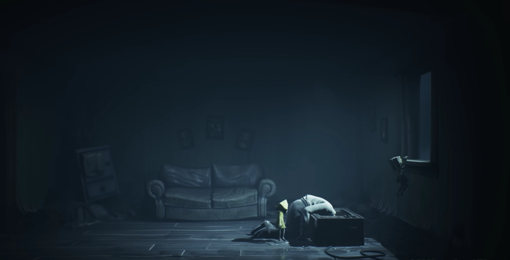 Six from Little Nightmares kneels beside body in room