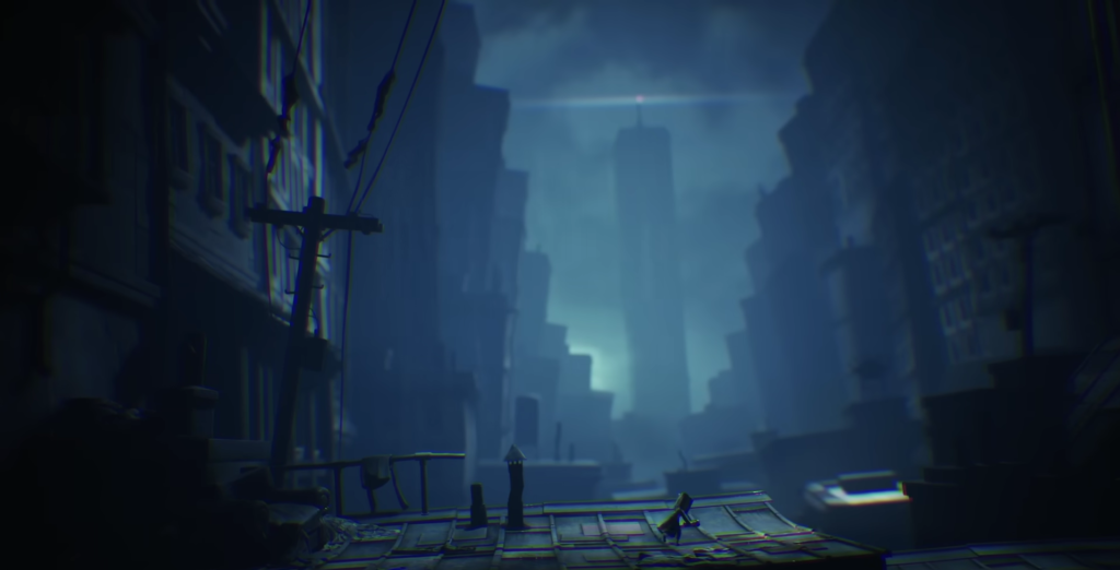 Small figure crouching on rooftop in blue cityscape