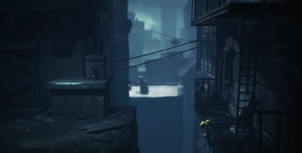 Little Nightmares Six climbs fire escape in dark alley