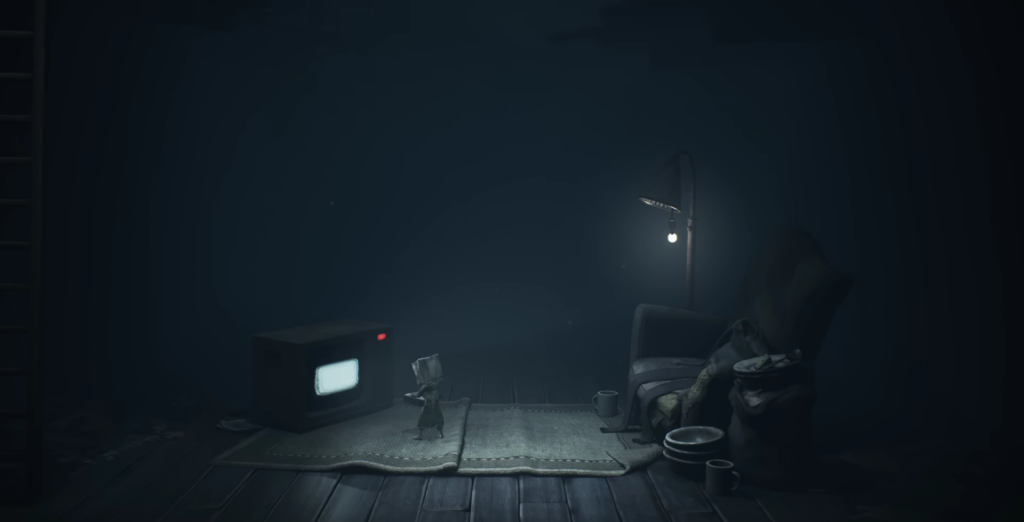 Six from Little Nightmares watching TV in dark room