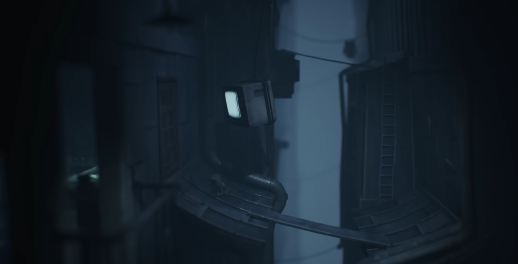 Glowing monitor above curved walkway in dark corridor