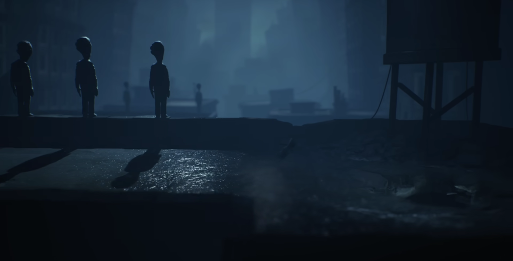 Silhouetted figures stand on ledge above dark water