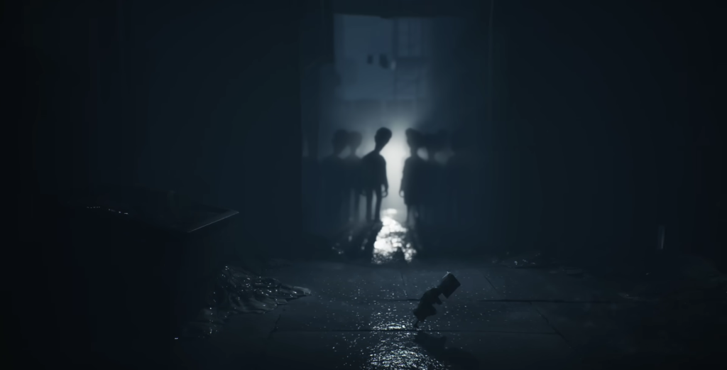 Small figure runs in dark hallway toward silhouettes