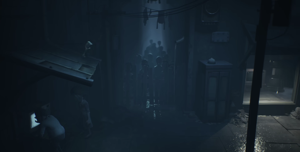 Hooded child watches crowd in dark alleyway