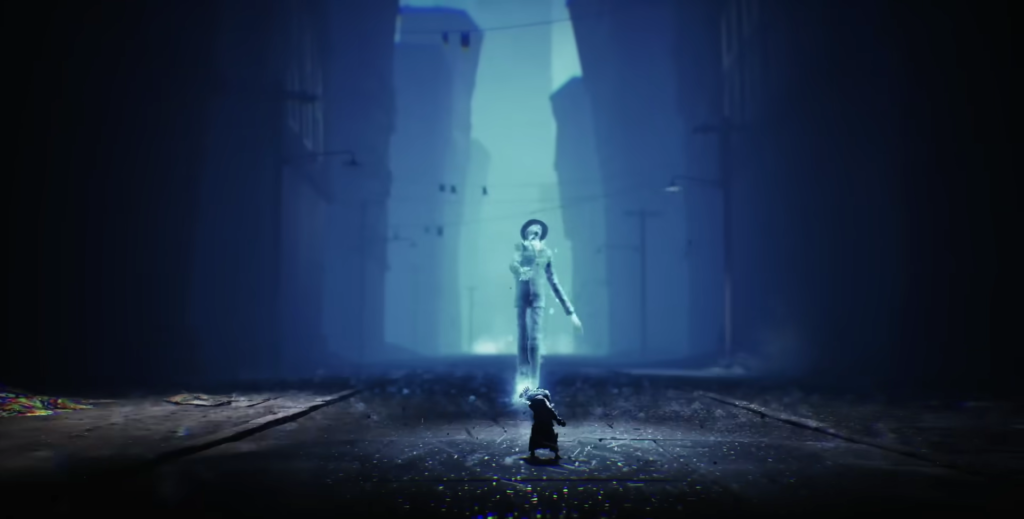 Tall ghostly figure approaches small child on street