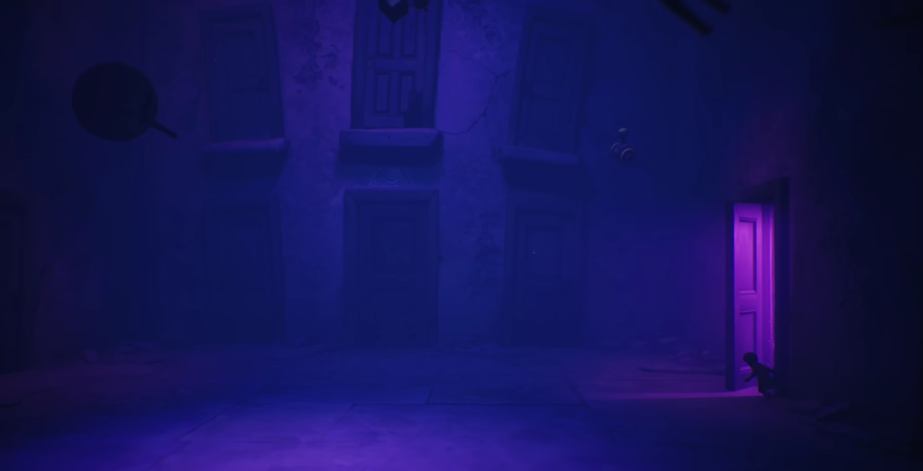 Small figure crouches by purple-lit door in alley