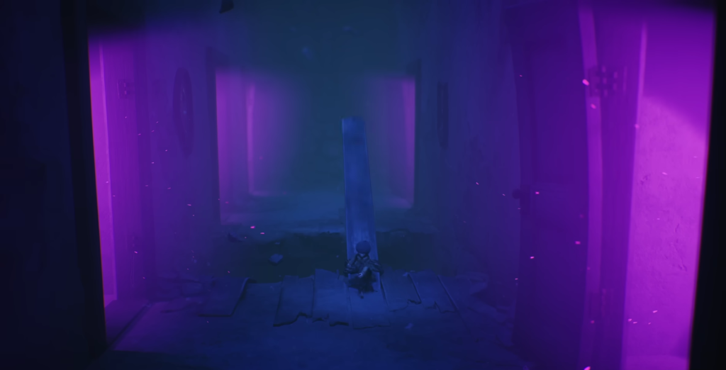 Small figure sits in purple-lit hallway