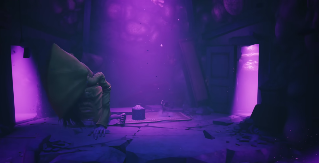 Hooded figure crawls through purple-lit ruined room