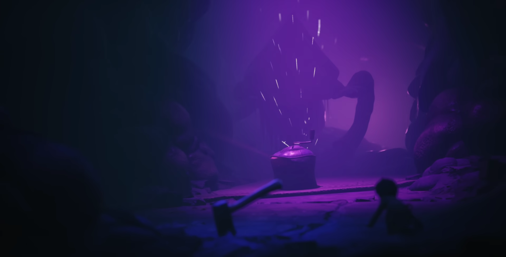 Glowing purple cauldron bubbling in dark cave