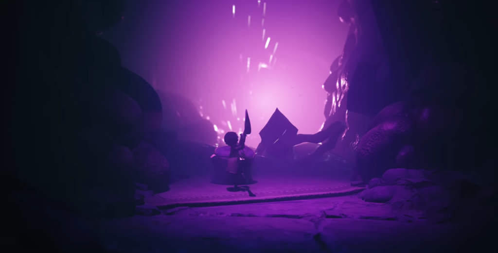 Silhouetted figure raises weapon in purple cave corridor