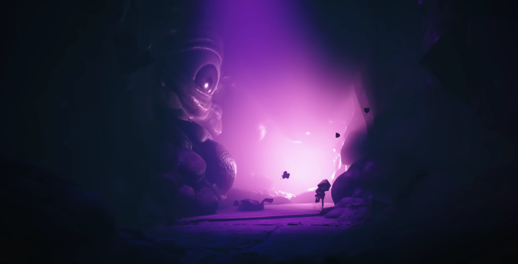 Small figure walks through purple glowing cave corridor