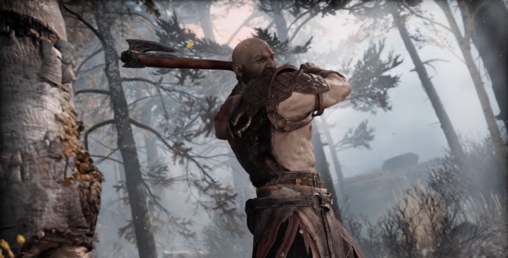 Kratos swings axe in misty forest, God of War