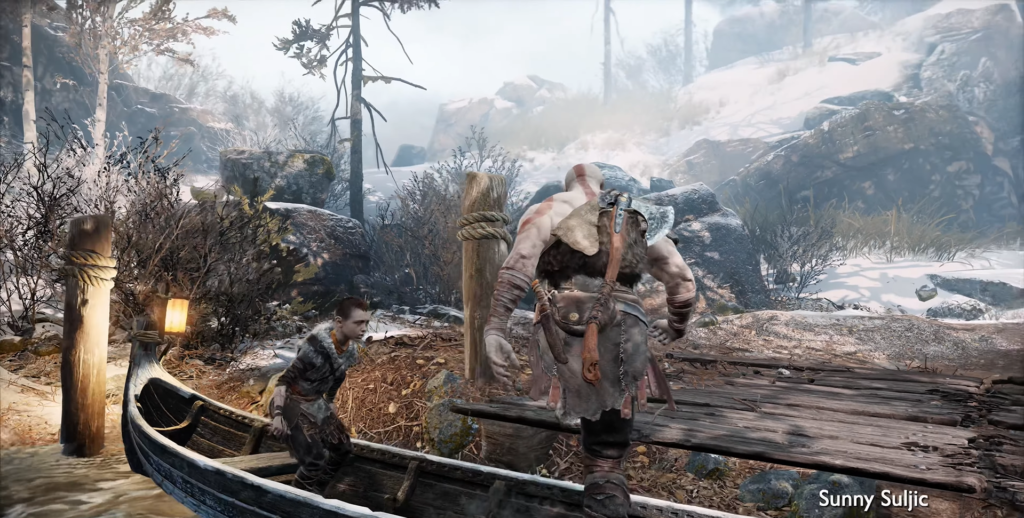 Kratos and Atreus board boat at snowy dock