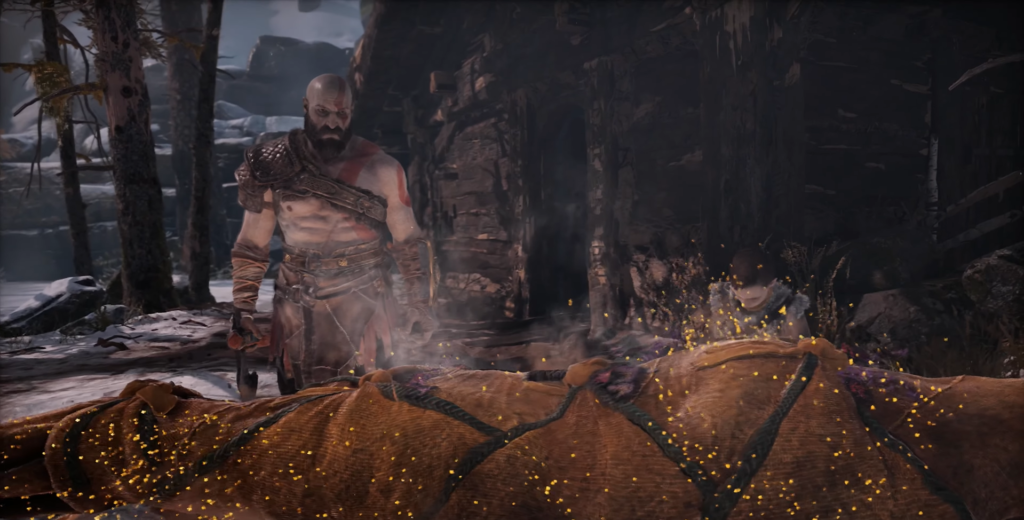 Kratos from God of War stands over corpse outdoors