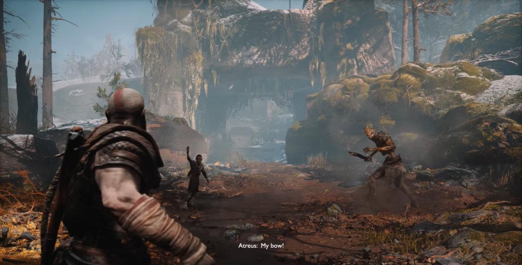 Kratos and Atreus fight enemies in forest, God of War