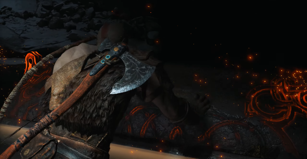 Kratos from God of War holding axe amid embers